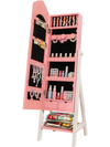 Kids jewelry organizer in pink with full-length mirror, storage shelves, and drawers for easy access to accessories.