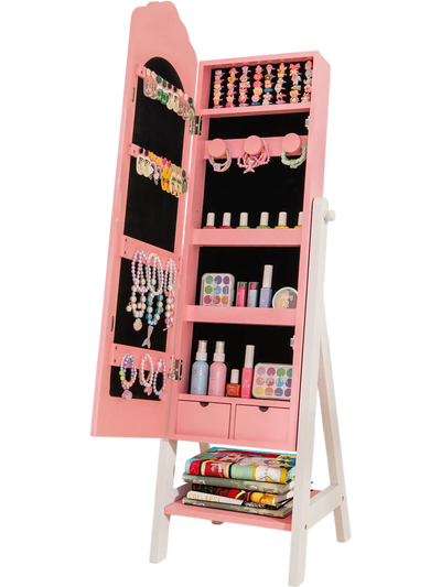 Costway Kids Jewelry Organizer Full Length Mirror Drawers Storage Shelves Pink 21789436 New