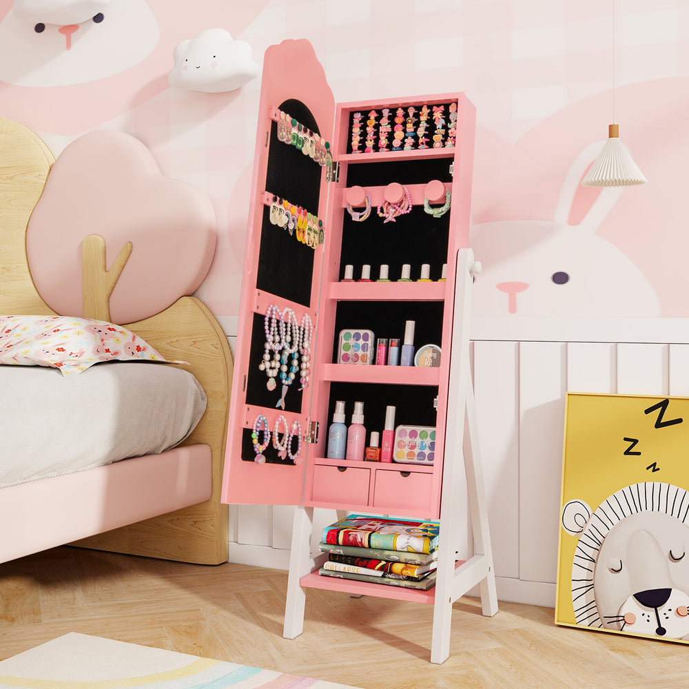 Kids Jewelry Organizer with Full Length Mirror Drawers and Storage Shelves-Pink - Gallery View 1 of 9