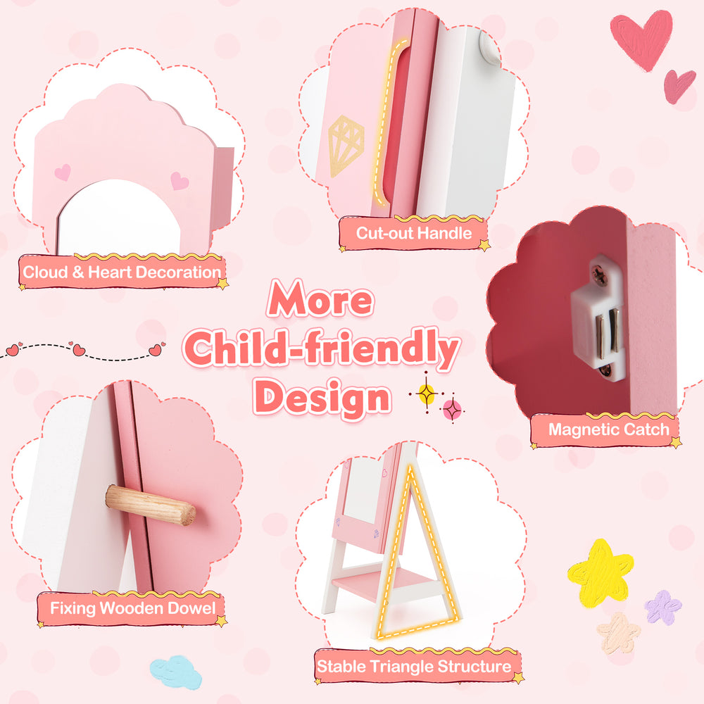 Kids jewelry organizer in pink with full-length mirror, stable triangle structure, and magnetic catch for secure.
