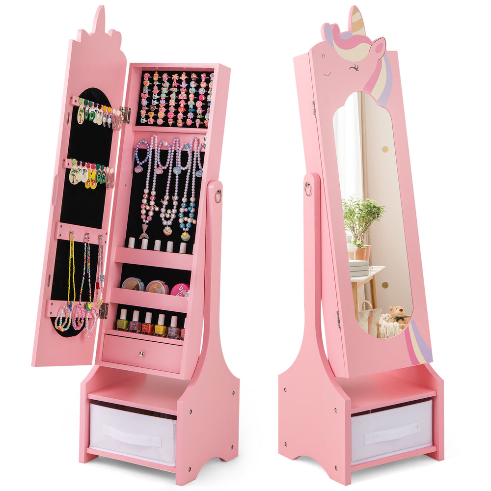 Kids jewelry armoire cabinet in pink with full-length mirror, storage compartments, and two adjustable tilt angles.