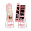 Kids jewelry organizer in pink with full-length mirror, storage compartments, and stable triangular structure for easy.