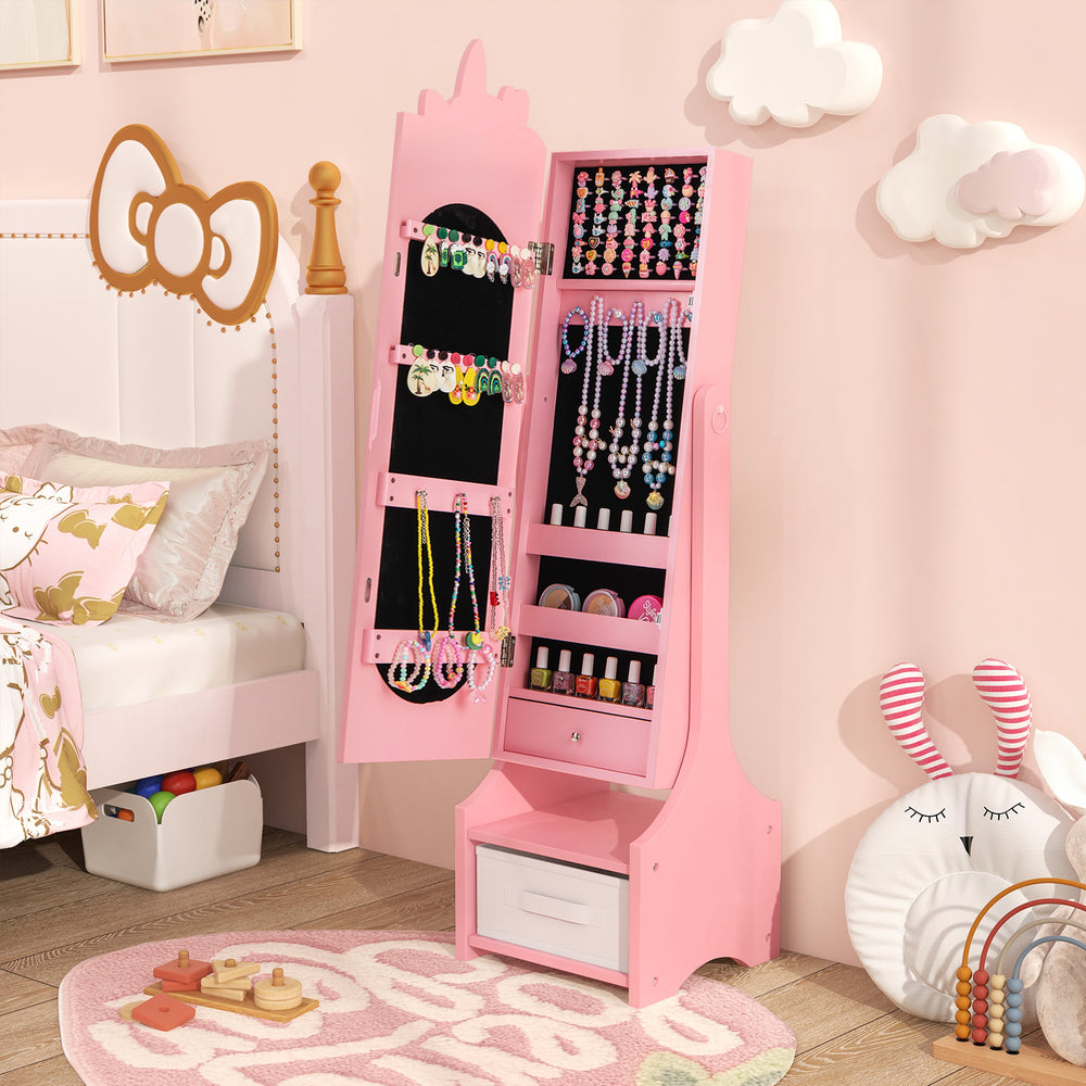 Interior view of the pink kids jewelry armoire cabinet showcasing storage compartments for accessories and a.