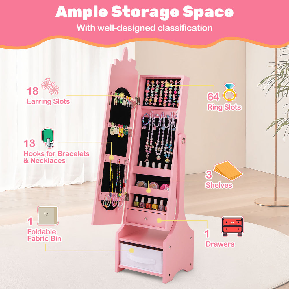 Kids jewelry armoire cabinet in pink with full-length mirror, ample storage, and adjustable tilt angles for easy access.