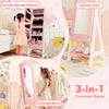 Kids jewelry organizer in pink featuring a full-length mirror, storage shelves, and jewelry cabinet for stylish.
