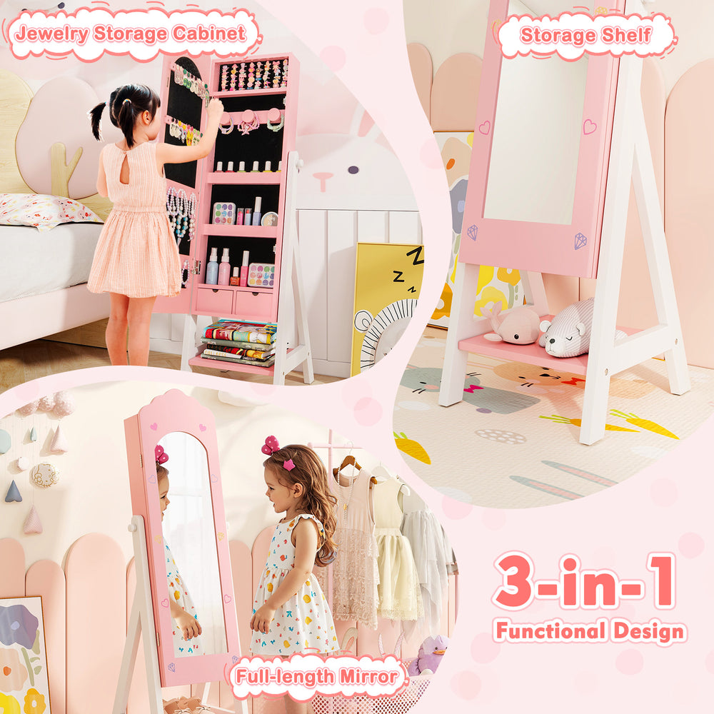 Kids jewelry organizer in pink featuring a full-length mirror, storage shelves, and jewelry cabinet for stylish.