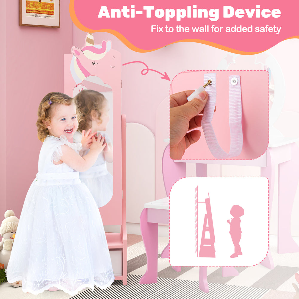 Kids jewelry armoire cabinet in pink with full-length mirror, anti-toppling device, and adjustable tilt angles for.