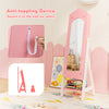 Kids jewelry organizer in pink with full-length mirror, storage shelves, and anti-toppling device for safety.