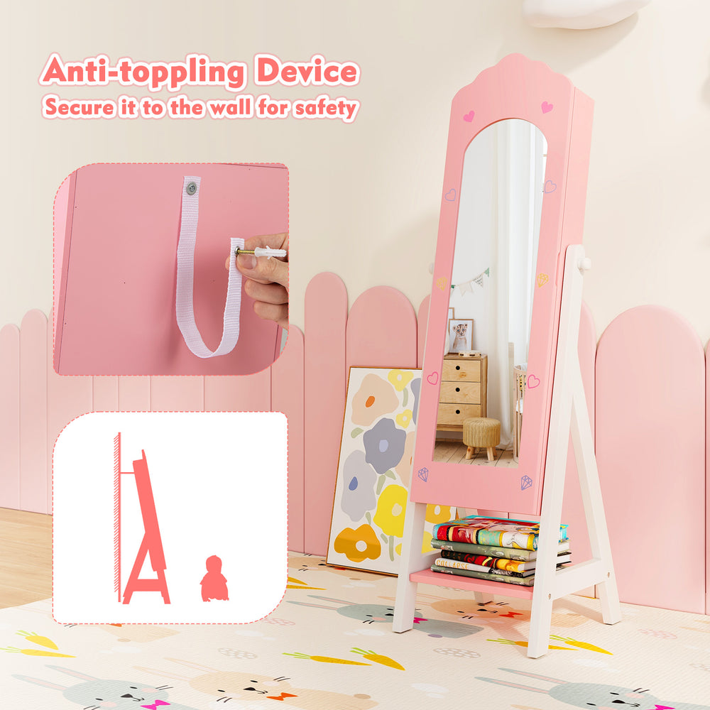 Kids jewelry organizer in pink with full-length mirror, storage shelves, and anti-toppling device for safety.