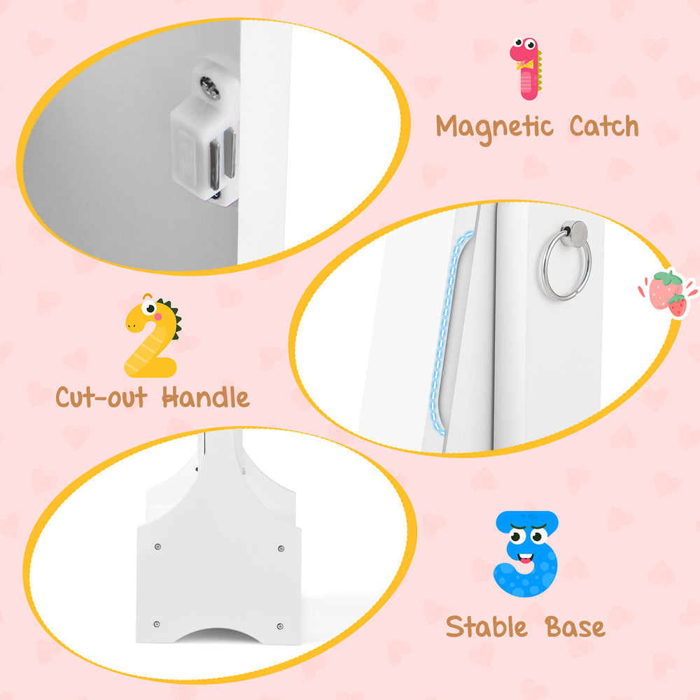 Close-up of the magnetic catch and cut-out handle on the Freestanding Kids Jewelry Armoire Cabinet in white.