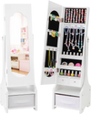 Freestanding white kids jewelry armoire with full-length mirror, storage compartments, and two adjustable tilt angles.