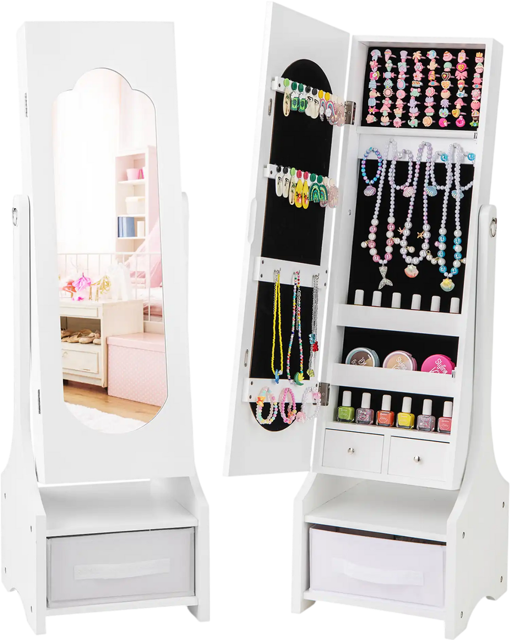 Freestanding white kids jewelry armoire with full-length mirror, storage compartments, and two adjustable tilt angles.