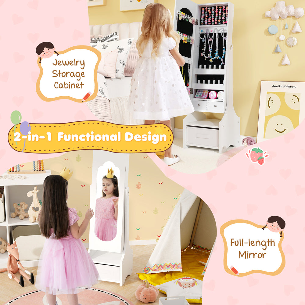 Freestanding kids jewelry armoire cabinet with full-length mirror, white finish, and multiple storage compartments.
