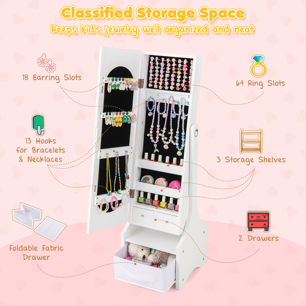 Freestanding kids jewelry armoire in white with full-length mirror, storage compartments, and two tilt angles for.