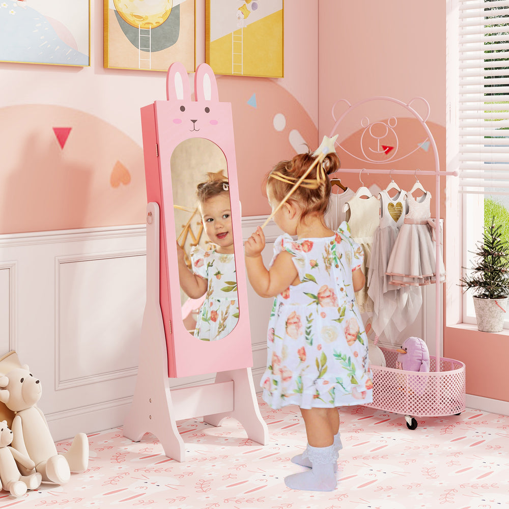 Kids jewelry armoire cabinet in pink with a mirror, featuring a large capacity and two tilt angles for easy access.
