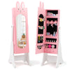 Kids jewelry armoire cabinet in pink and white, featuring a mirror and large capacity for accessories, 45" tall.