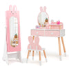 Kids jewelry armoire cabinet in pink and white with a mirror, featuring a large capacity and two tilt angles.