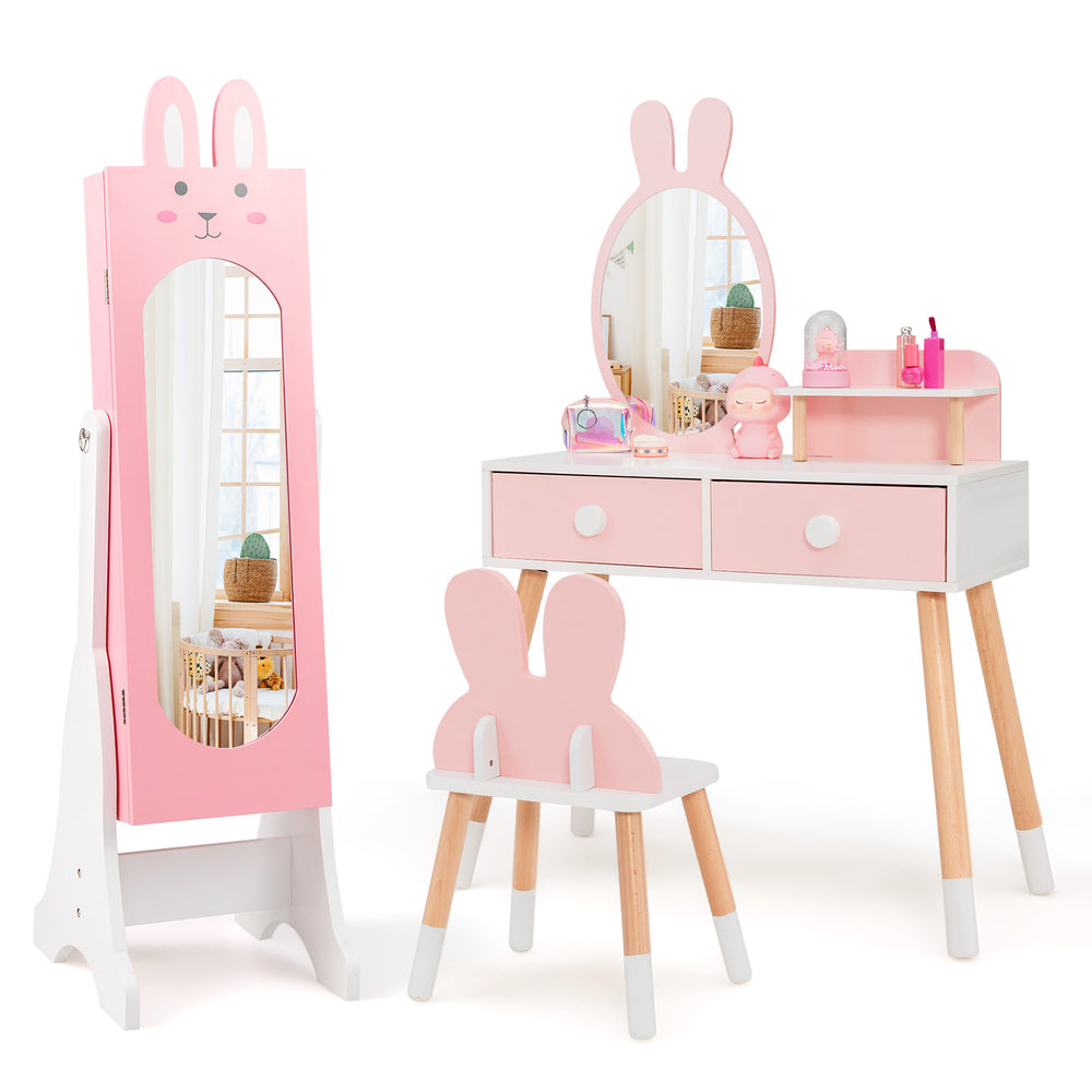 Kids jewelry armoire cabinet in pink and white with a mirror, featuring a large capacity and two tilt angles.