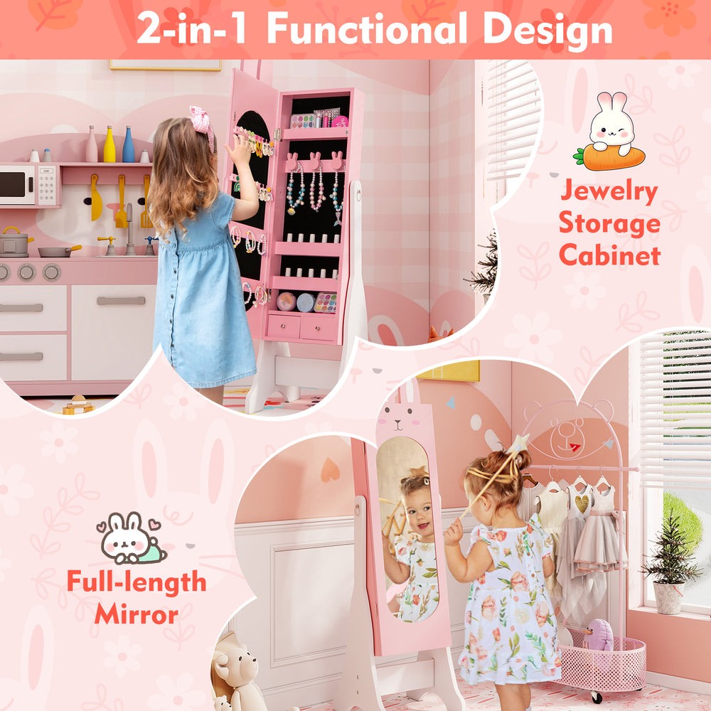 Kids jewelry armoire cabinet in pink with full-length mirror and large capacity for organized storage.