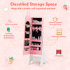 Kids jewelry armoire cabinet in pink with 18 earring slots, 2 drawers, and 4 shelves for organized storage.