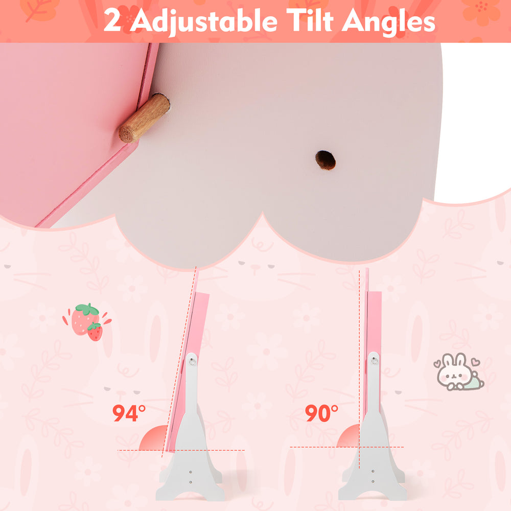 Kids jewelry armoire cabinet in pink showing adjustable tilt angles at 90° and 94°, designed for easy access.