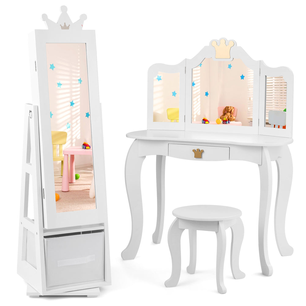 Kids jewelry armoire cabinet with full-length mirror, large storage capacity, and swivel base in white for easy access.