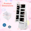Kids jewelry armoire cabinet dimensions with large storage capacity, swivel base, and full-length mirror in white.