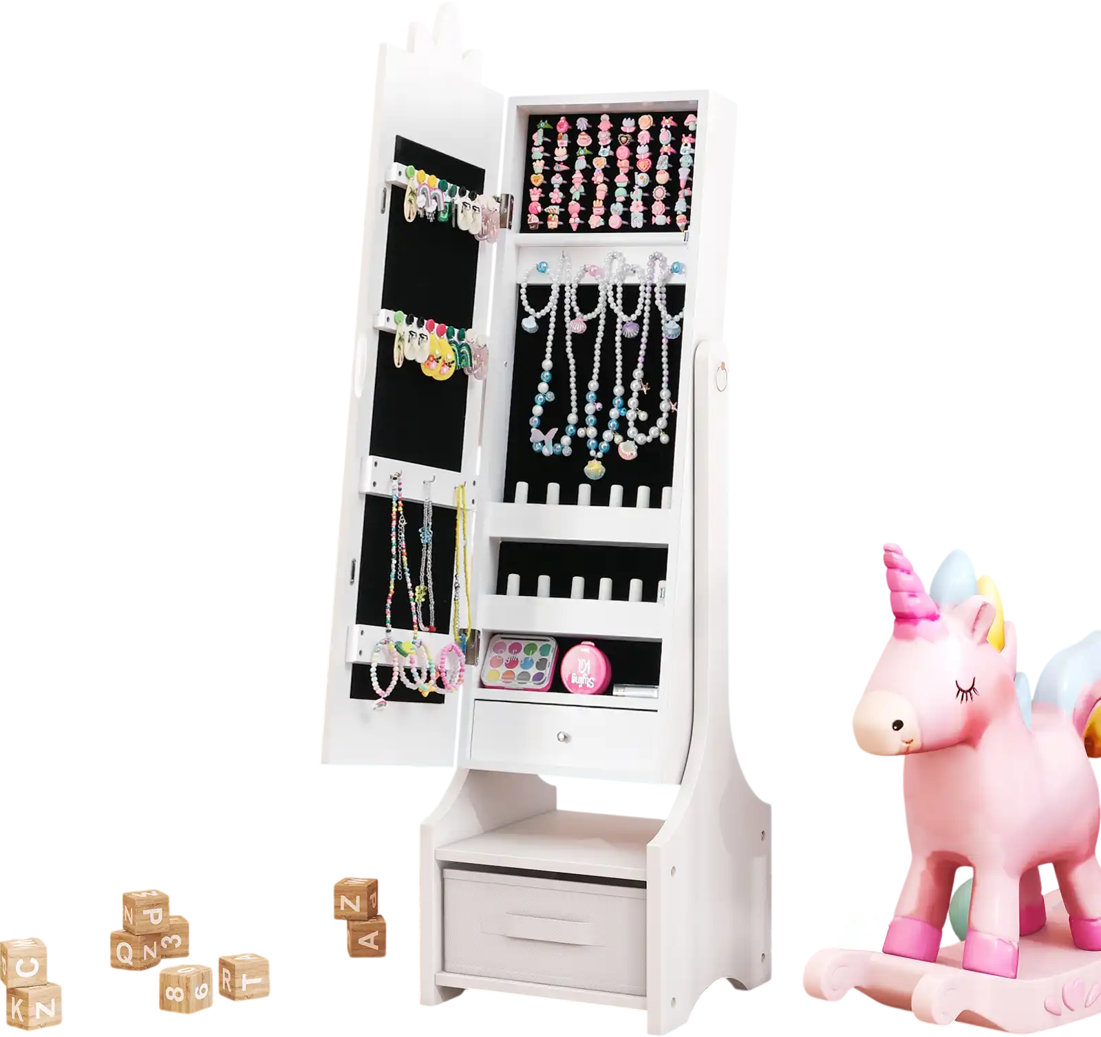 Costway Kids Jewelry Cabinet Full-Length Mirror Vanity White 51972368 New