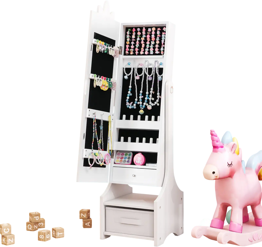 Kids jewelry cabinet in white with full-length mirror, featuring storage compartments and adjustable tilt angles for.