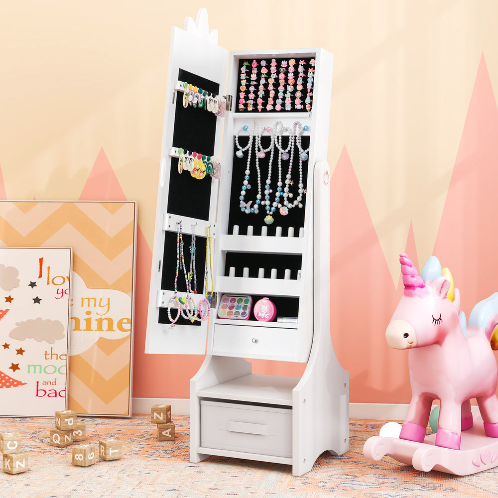 Kids Jewelry Cabinet with Full-Length Mirror for Kids Bedroom and Playroom-White - Gallery View 1 of 10