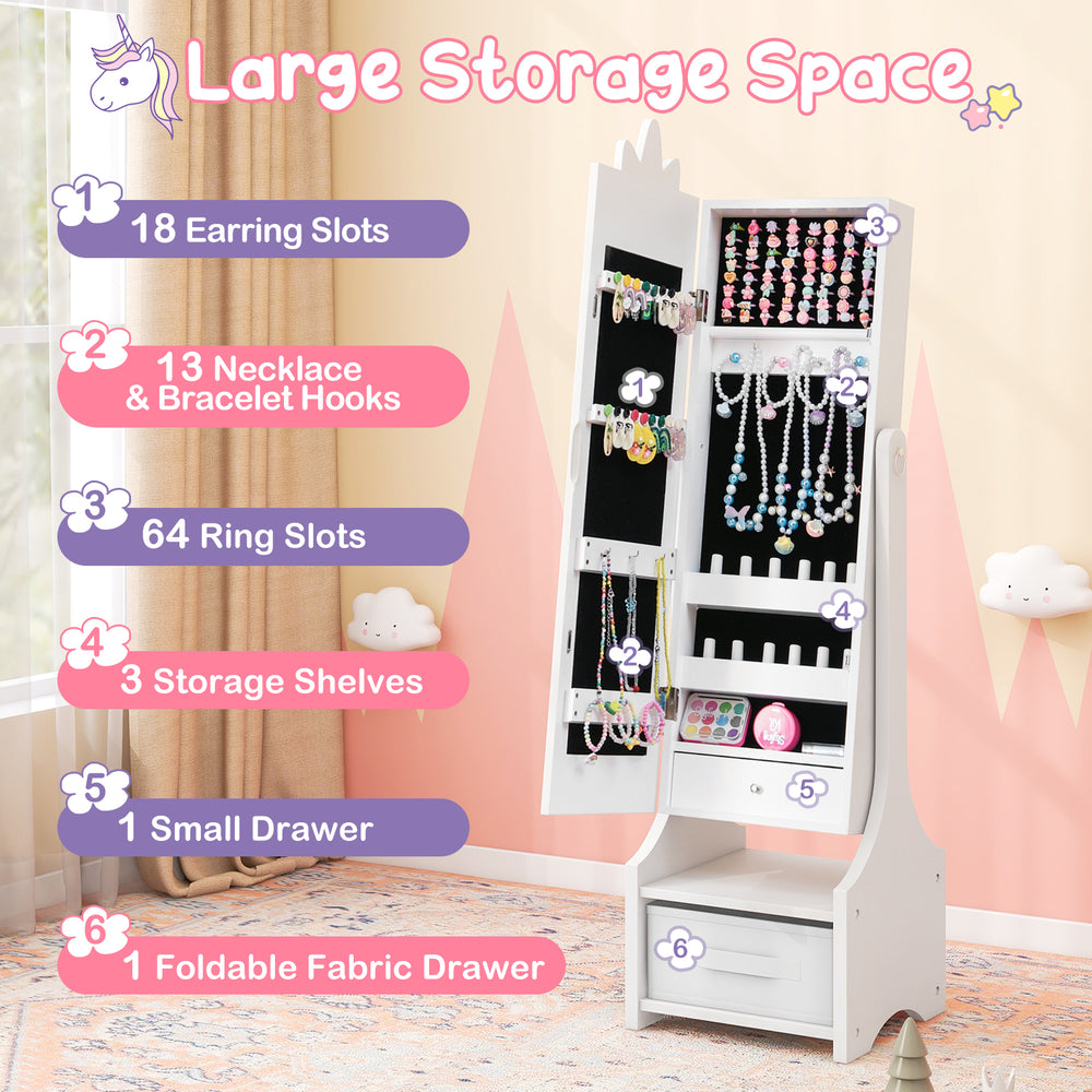 Kids jewelry cabinet with full-length mirror, featuring 18 earring slots and 13 necklace compartments for organized.