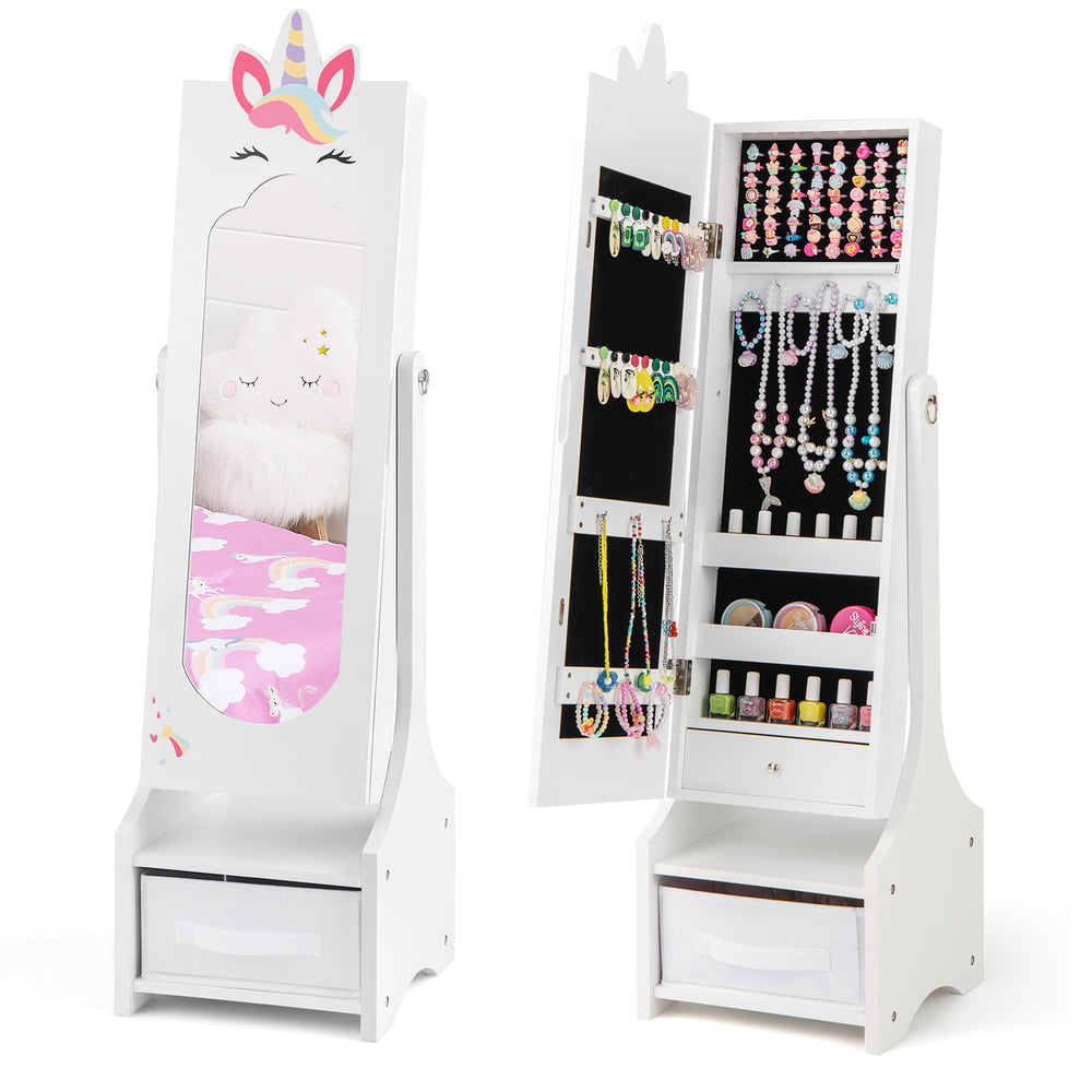 Kids jewelry cabinet with full-length mirror, white finish, featuring storage compartments and adjustable tilt angles.