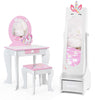 Kids jewelry cabinet with full-length mirror, white finish, features storage compartments and adjustable tilt angles.