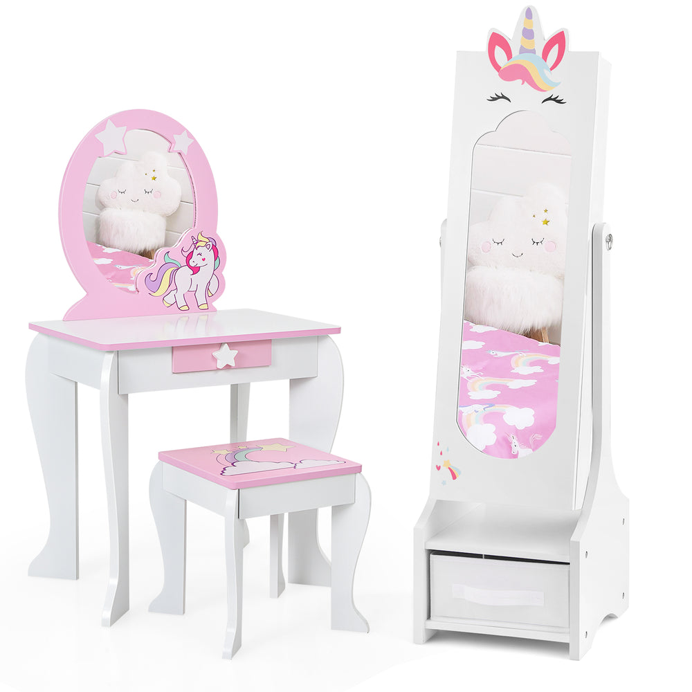 Kids jewelry cabinet with full-length mirror, white finish, features storage compartments and adjustable tilt angles.
