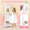 Kids jewelry cabinet with full-length mirror, white finish, features anti-toppling device and adjustable tilt angles.