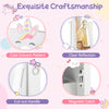 Kids jewelry cabinet featuring a full-length mirror, unicorn pattern, magnetic catch, and cut-out handle for playful.