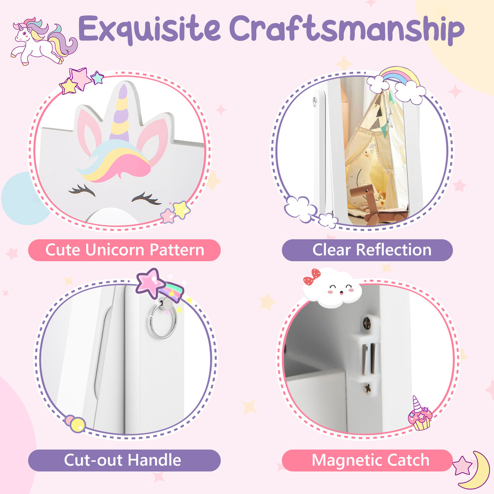 Kids jewelry cabinet featuring a full-length mirror, unicorn pattern, magnetic catch, and cut-out handle for playful.