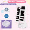 Kids jewelry cabinet with full-length mirror, white, featuring multiple storage compartments and adjustable tilt angles.