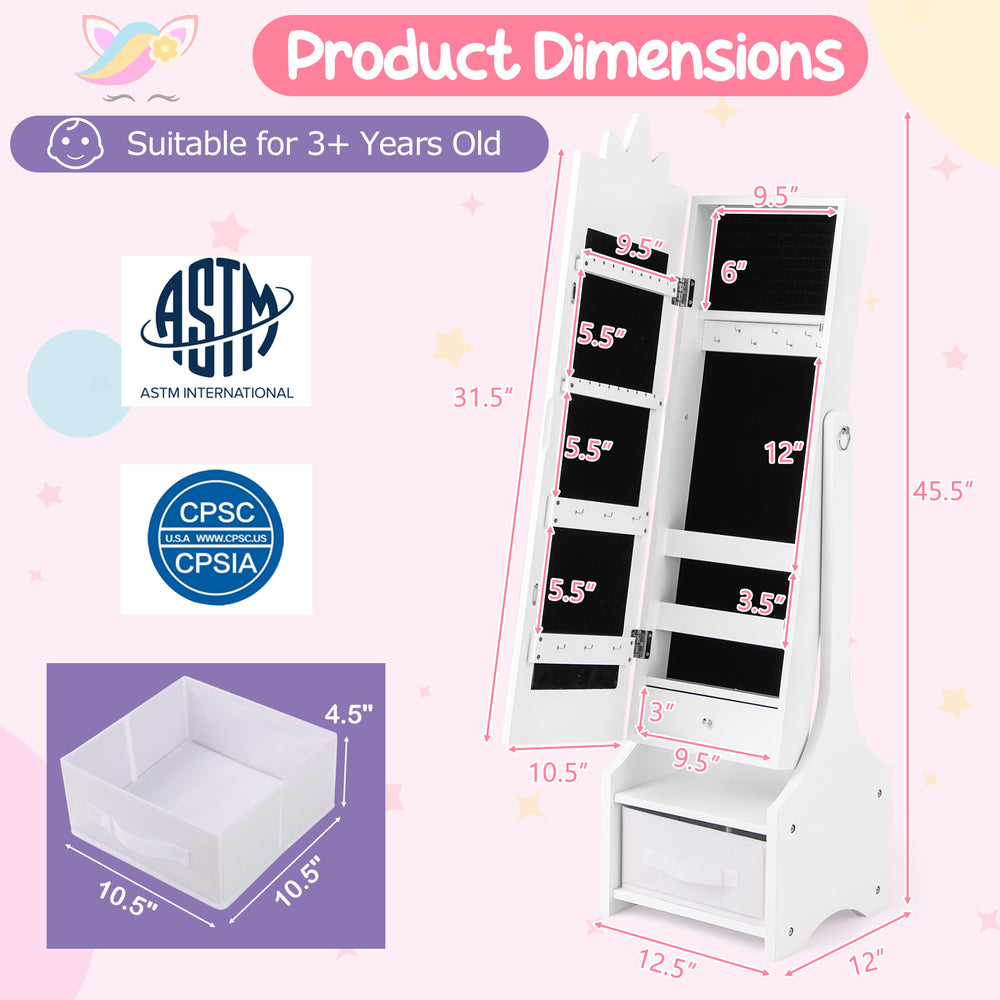 Kids jewelry cabinet with full-length mirror, white, featuring multiple storage compartments and adjustable tilt angles.