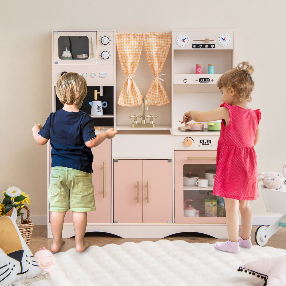 Kids kitchen playset in pink with microwave, coffee maker, and double stoves, perfect for imaginative cooking play.