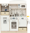 Kids kitchen playset in white with LED lights, removable bins, and various accessories for imaginative play.