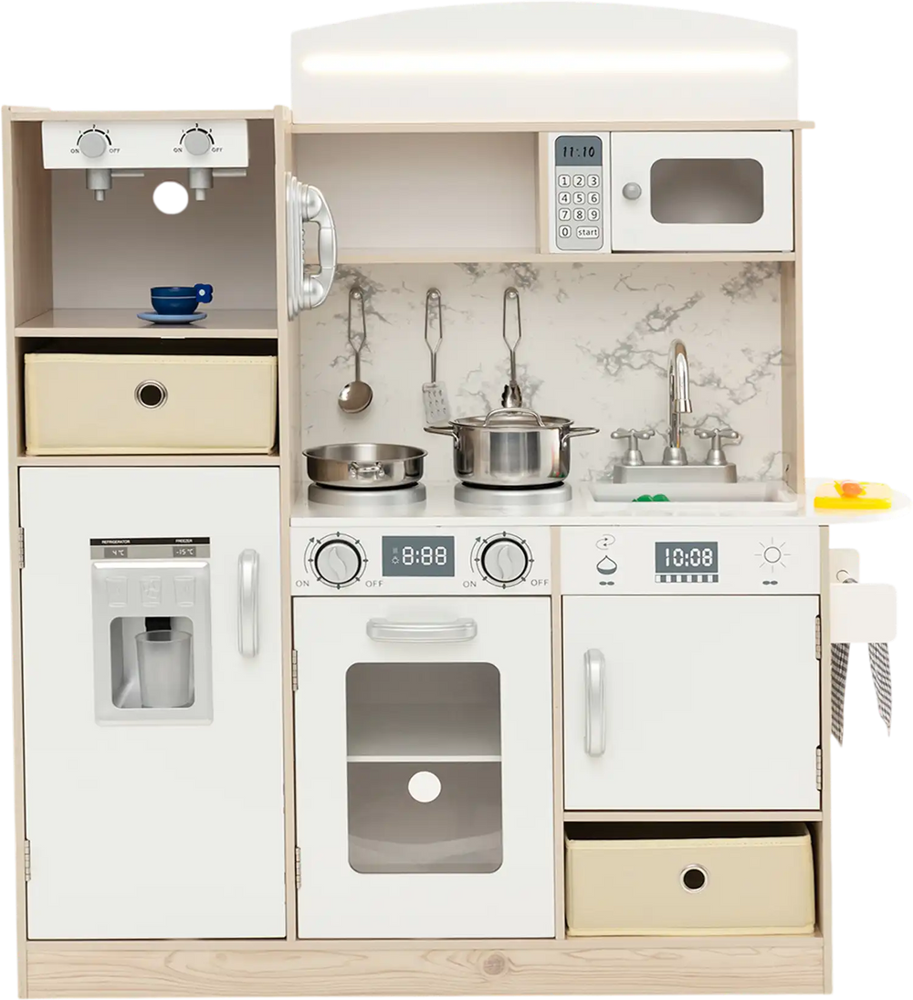 Kids kitchen playset in white with LED lights, removable bins, and various accessories for imaginative play.