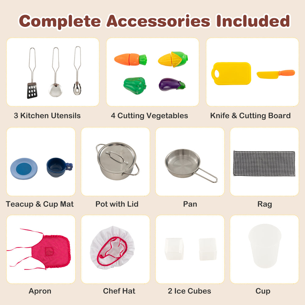 Kids kitchen playset accessories including utensils, cutting vegetables, and pots for imaginative cooking fun.