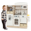 Kids kitchen playset in white with LED lights, removable sink, and various accessories for imaginative play.