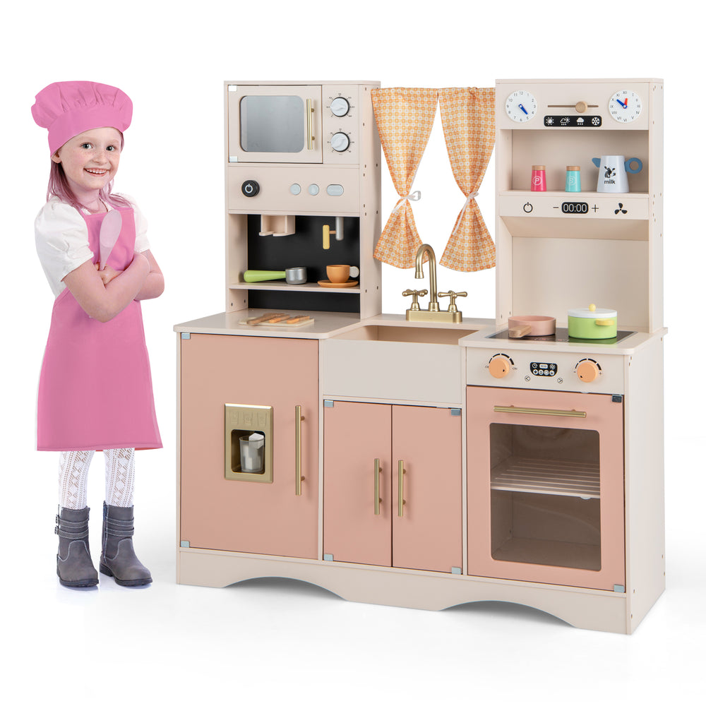 Kids kitchen playset in pink featuring a microwave, coffee maker, and oven, perfect for imaginative cooking play.