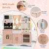 Kids kitchen playset in pink featuring a microwave, coffee maker, and double stoves for imaginative cooking fun.
