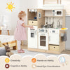 Kids kitchen playset in white with LED lights, removable bins, and realistic appliances for creative play and skill.
