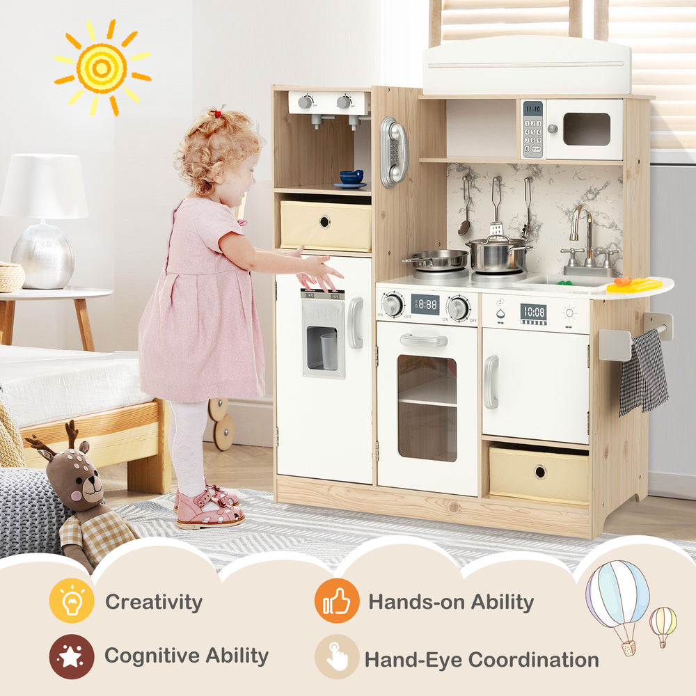 Kids kitchen playset in white with LED lights, removable bins, and realistic appliances for creative play and skill.