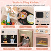 Kids kitchen playset featuring a pink microwave, coffee maker, and stove for imaginative cooking fun.