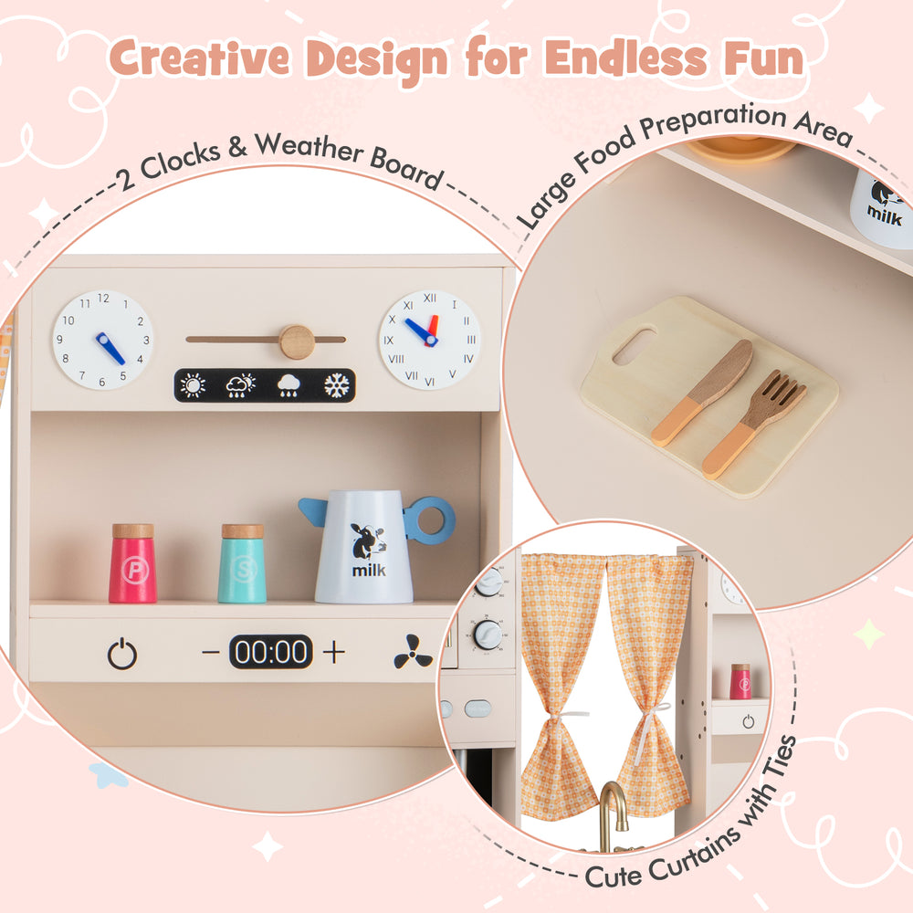 Kids kitchen playset featuring a microwave, coffee maker, and floral curtains, perfect for imaginative cooking fun.